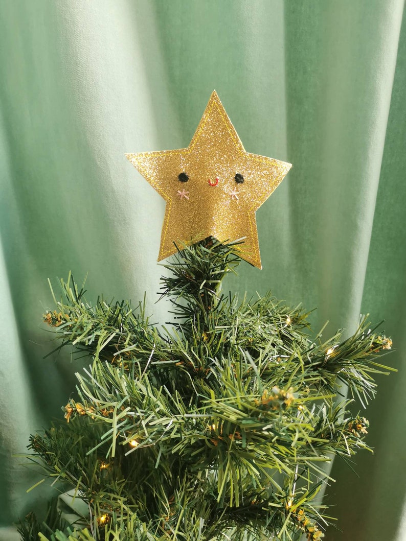 Christmas tree topper. Cute, glitter felt star in gold, tree topper. Star Christmas tree decoration. image 4