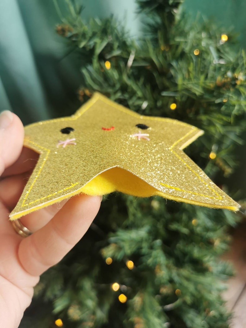 Christmas tree topper. Cute, glitter felt star in gold, tree topper. Star Christmas tree decoration. image 2