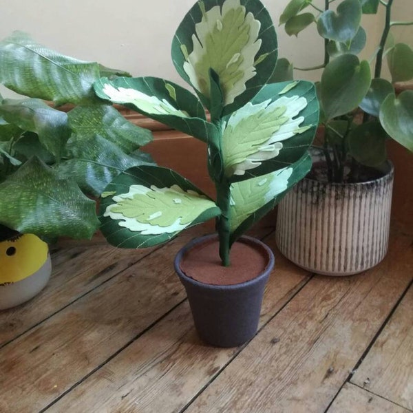 Variagated rubber plant- inspired felt plant. Felt houseplants, faux plant, handmade, stitched,  textile houseplant.