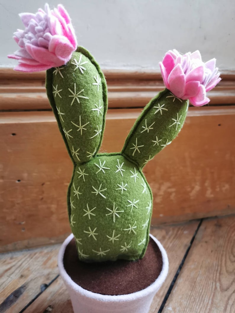 Mini prickly-Pear felt cactus, cute cacti, faux cacti, handmade fabric cactus in a pot, pink flower cactus. Plants you can't kill image 1