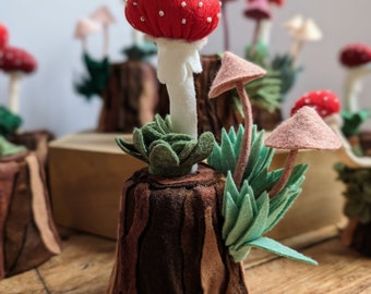 Mini felt toadstool log -bright red/muddy pink