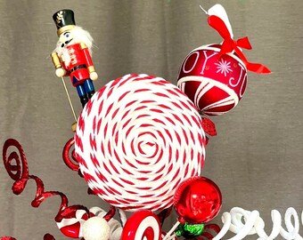 Christmas Tree Topper Red White Green Nutcracker Candy Tree Pick Top topper Stems Centerpiece Peppermint Ornaments holiday tree topper Spray