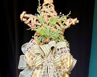 Christmas Tree Star Topper Natural Woodland Christmas Handmade Reclaimed Wood Pearl Crystal Lighted Tree Star Tree Star PLUG IN Lights 11.5"