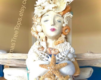 Mermaid Driftwood Angel Shell Bust Tabletop sculpture Beach Holiday Christmas Tree topper OOAK Art Handmade Angel tree topper 24"