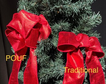 Christmas Bows Wired Ribbon Red Silk Dupioni Classic Red Wired Luxury Ribbon Choose Pouf or Traditional Bows Set of