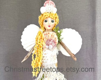 Beach house Angel OOAK Art Doll Coastal Gifts decor Holiday Christmas Angel Tree Topper Handmade Shell driftwood Decor Gifts Coastal art 16"