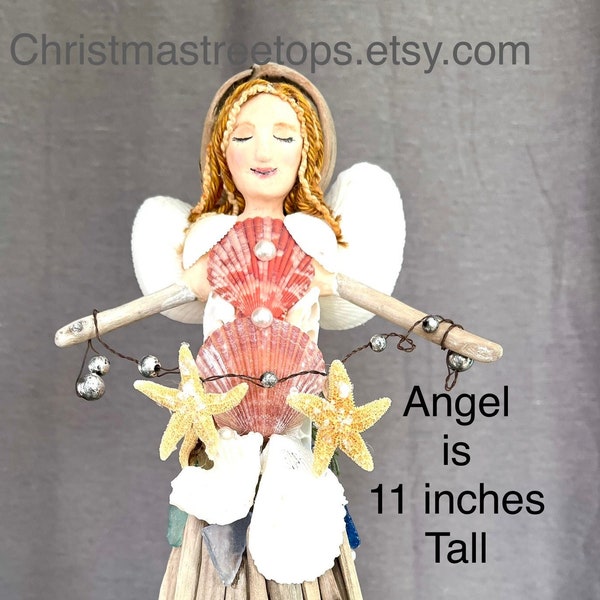 Driftwood Angel Tree Topper Coastal Beach house Christmas Holiday decor Angel Shell sea glass Mermaid OOAK Handmade Angel Tree Top by Cindy