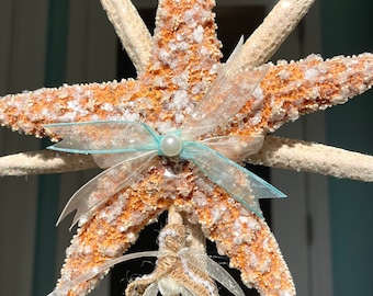 Starfish Tree Topper Coastal Christmas Tree Star Glittered Starfish Beach Coastal Christmas Holiday Tree Topper Decor Aqua 9”