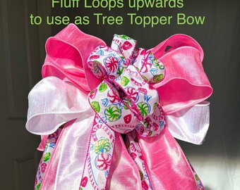 Candyland tree Topper Decorations Candy Christmas Holiday Decor Pastel Pink Blue White Ribbon Streamers Door Garland Wreath Bow