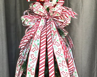 Peppermint Candy cane Christmas Tree Top Bow Red White Green Large Peppermint Striped tree top Candy theme holiday tree topper Bow