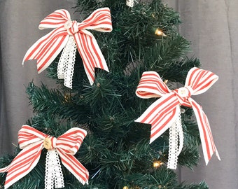 Red Ivory Christmas tree bows French Country elegant farmhouse Red striped cotton Ticking lace grainsack Ribbon Christmas Tree Bows DOZEN