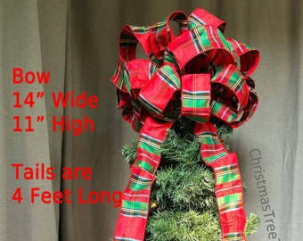 Red Plaid Christmas tree top Bow Big Tree top Wreath Bows Classic Elegant Traditional Plaid Holiday Bow Tree Wreath 14 Inches x  5 Feet PAIR
