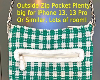 Mod Crossbody Purse UPCYCLED fabric spade style Plaid Houndstooth Green White Grand millenial Granny chic Gift for woman Crossbody purse