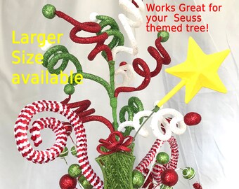 CLEARANCE Grinch who Theme Lime Green Red White Christmas Tree Topper Fun Colorful Top Centerpiece Curly Spiral Crooked Star Themed topper