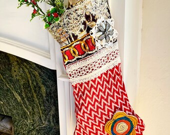 Bohemian Christmas Stocking Boho Holiday Decor Upcycled Kantha Quilt Stockings Eco Friendly Sustainable Fabric Christmas Bohemian Stocking