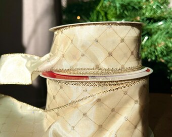 Christmas Holiday Ribbon Ivory Gold Wired neutral elegant Christmas tree Holiday ribbon Garland Choose 1.5 or 2.5 INCH wide x 25 FEET long