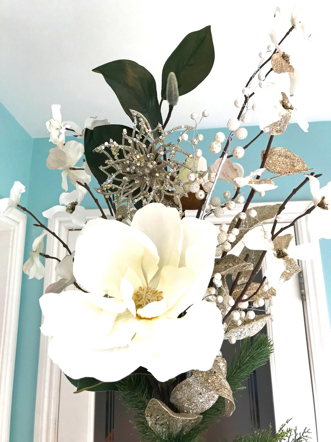 Christmas Tree Top Topper Floral Magnolia Silver pinecone Etsy