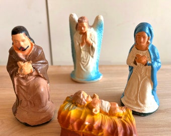 Vintage Nativity Manger Scene 1940s hand painted primitive folk art Christmas Holiday real vintage rustic Nativity