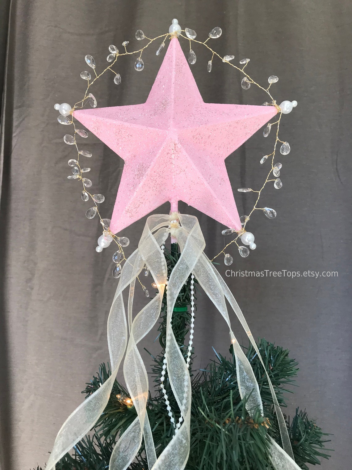 Pink Christmas Tree Topper Star Blush Glass Glittered Small Etsy