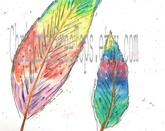 Clearance Feather Watercolor ORIGINAL painting Rainbow feathers Pride home decor watercolor and Ink feathers 9 x 12 8 x 10 Inch Vertical