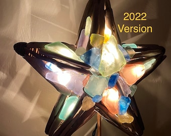 Driftwood Sea Beach Glass Tree Topper Star Lighted Coastal Christmas Tree Top Star Beach Seaglass Drift wood Christmas Holiday Ornaments