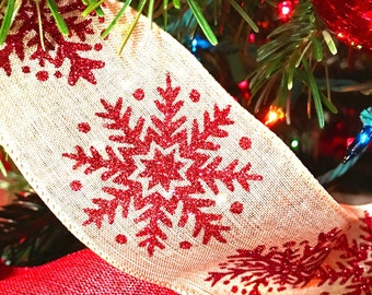 Christmas Tree Ribbon Garland Red Glitter Snowflake Woodland Rustic Elegance Wired Ribbon Christmas Tree Ribbon 2.5 Inch x 25 Feet WIRED