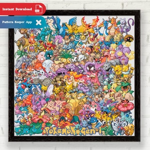 May include: A colourful pixel art image of all the Pokémon from the first generation. The image is framed in black and has the text "Pokémon Gen 1" at the bottom.