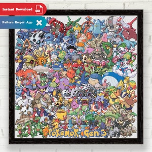 Pode incluir: Uma imagem colorida de pixel art de todos os Pokémon da quinta geração. A imagem é emoldurada em preto e tem o texto "Pokémon Gen 5" na parte inferior.