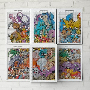 May include: Six printed sheets of paper with a grid pattern and colourful pixelated images of Pokemon characters from the first generation. The title "Pokemon Generation 1" is printed at the top of each sheet.