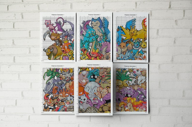 May include: Six printed sheets of paper with a grid pattern and colourful pixelated images of Pokemon characters from the first generation. The title "Pokemon Generation 1" is printed at the top of each sheet.
