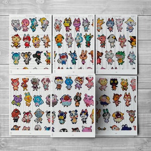 Może przedstawiać: Sześć arkuszy papieru z nadrukowanymi wzorami postaci z Animal Crossing. Każdy arkusz ma wz&oacute;r siatki i przedstawia r&oacute;żne kolorowe postacie z r&oacute;żnymi wyrażeniami i pozami.