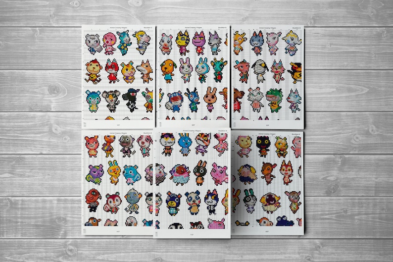 Może przedstawiać: Sześć arkuszy papieru z nadrukowanymi wzorami postaci z Animal Crossing. Każdy arkusz ma wz&oacute;r siatki i przedstawia r&oacute;żne kolorowe postacie z r&oacute;żnymi wyrażeniami i pozami.
