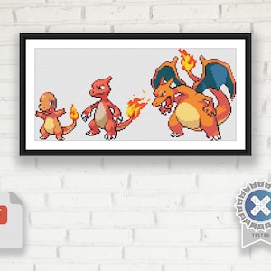 Puede incluir: Patrón de punto de cruz con tres Pokémon: Charmander, Charmeleon y Charizard. Los Pokémon se representan en su estilo pixelado clásico, con Charizard respirando fuego.