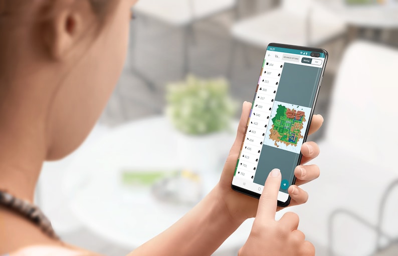 May include: A person is using a smartphone to view a map with different coloured regions. The map is displayed on the screen of the phone. The phone is black with a curved screen.