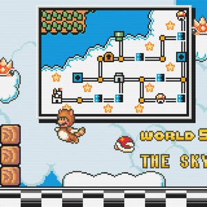 Op de afbeelding: Pixelafbeelding van een videogame-scène. Een kaart van een level wordt weergegeven, met een personage in een bruin en beige pak dat door de lucht vliegt. De woorden "WORLD 5 THE SKY" zijn zichtbaar.