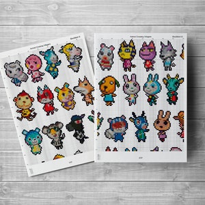 Może przedstawiać: Dwa arkusze papieru z wzorami siatki i pikselowanymi obrazami mieszkańc&oacute;w Animal Crossing. Arkusze są zatytułowane "Animal Crossing Villagers" i "Beads/Stitch", a każdy arkusz zawiera 16 r&oacute;żnych mieszkańc&oacute;w.
