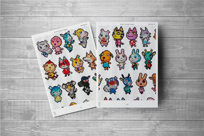 Może przedstawiać: Dwa arkusze papieru z wzorami siatki i pikselowanymi obrazami mieszkańc&oacute;w Animal Crossing. Arkusze są zatytułowane "Animal Crossing Villagers" i "Beads/Stitch", a każdy arkusz zawiera 16 r&oacute;żnych mieszkańc&oacute;w.