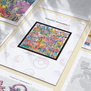 May include: A cross-stitch pattern featuring all 151 Pokemon from the first generation. The pattern is printed on white paper with a black border and includes a colour key and instructions. The pattern is titled "Pokemon Generation 1" and is 35.8 cm wide by 43.9 cm tall.