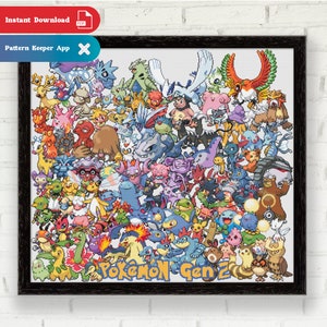 Op de afbeelding: Een ingelijst kruissteekpatroon met een kleurrijke verzameling Pokémon-personages uit Generatie 2. De personages zijn in een willekeurig patroon gerangschikt en de tekst "Pokémon Gen 2" staat onderaan.