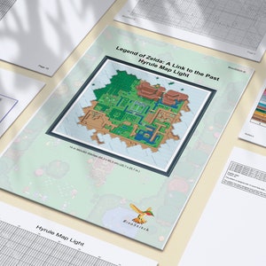 May include: A cross-stitch pattern for the Hyrule Map from the Legend of Zelda: A Link to the Past video game. The pattern includes a colour key and a grid with numbers for each stitch.