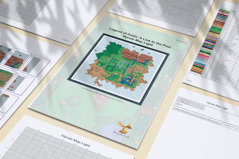 May include: A cross-stitch pattern for the Hyrule Map from the Legend of Zelda: A Link to the Past video game. The pattern includes a colour key and a grid with numbers for each stitch.