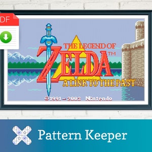 May include: A cross-stitch pattern for the Nintendo game "The Legend of Zelda: A Link to the Past". The pattern features the game's logo, including the iconic Master Sword, against a blue sky background with mountains and a lake. The text "©1991-2003 Nintendo" is also included.