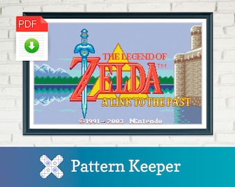 May include: A cross-stitch pattern for the Nintendo game "The Legend of Zelda: A Link to the Past". The pattern features the game's logo, including the iconic Master Sword, against a blue sky background with mountains and a lake. The text "©1991-2003 Nintendo" is also included.