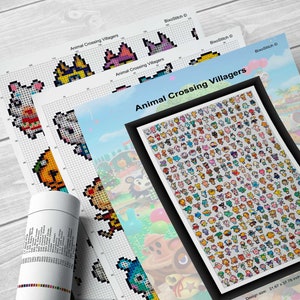 Może przedstawiać: Wz&oacute;r do haftu krzyżykowego przedstawiający siatkę mieszkańc&oacute;w Animal Crossing. Wz&oacute;r zawiera r&oacute;żne postacie, w tym wiewi&oacute;rkę, niedźwiedzia, kota, psa i pingwina. Wz&oacute;r jest wydrukowany na białym papierze z czarnymi liniami siatki. Wz&oacute;r nosi tytuł "Animal Crossing Villagers".