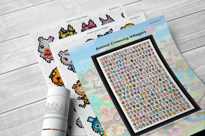 Może przedstawiać: Wz&oacute;r do haftu krzyżykowego przedstawiający siatkę mieszkańc&oacute;w Animal Crossing. Wz&oacute;r zawiera r&oacute;żne postacie, w tym wiewi&oacute;rkę, niedźwiedzia, kota, psa i pingwina. Wz&oacute;r jest wydrukowany na białym papierze z czarnymi liniami siatki. Wz&oacute;r nosi tytuł "Animal Crossing Villagers".