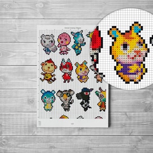 Może przedstawiać: Czarno-biała drukowalna karta z siatką, na kt&oacute;rej znajdują się pikselowe obrazy mieszkańc&oacute;w Animal Crossing. Karta zawiera postacie takie jak Marshal, Raymond i Judy. Tytuł "Animal Crossing Villagers" znajduje się na g&oacute;rze karty.