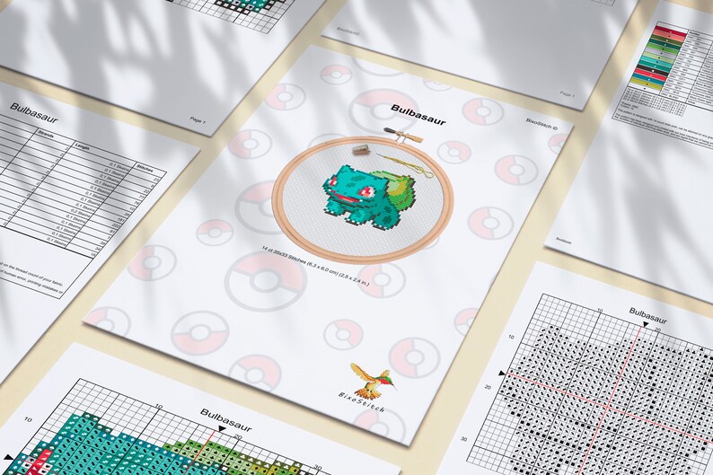May include: Cross stitch pattern for a Bulbasaur Pokemon character. The pattern includes a color chart, a grid with black dots, and a finished design in a hoop. The finished design is green, red, and white.