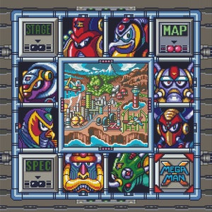 May include: A pixelated video game screen showing a map of a city with various robot characters. The screen is divided into nine sections, with the top row showing the words "STAGE", "MAP", and the bottom row showing "SPEC" and "MEGA MAN".