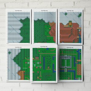 May include: Six black and white printed sheets of paper with a grid pattern and a pixelated map of Hyrule from the Legend of Zelda video game series. The map is divided into six sections, each showing a different part of the world. The text "Hyrule Map Light" is printed at the top of each sheet.