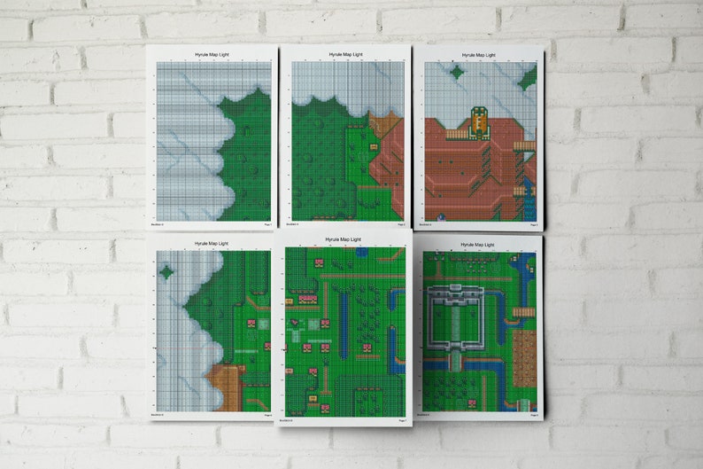 May include: Six black and white printed sheets of paper with a grid pattern and a pixelated map of Hyrule from the Legend of Zelda video game series. The map is divided into six sections, each showing a different part of the world. The text "Hyrule Map Light" is printed at the top of each sheet.